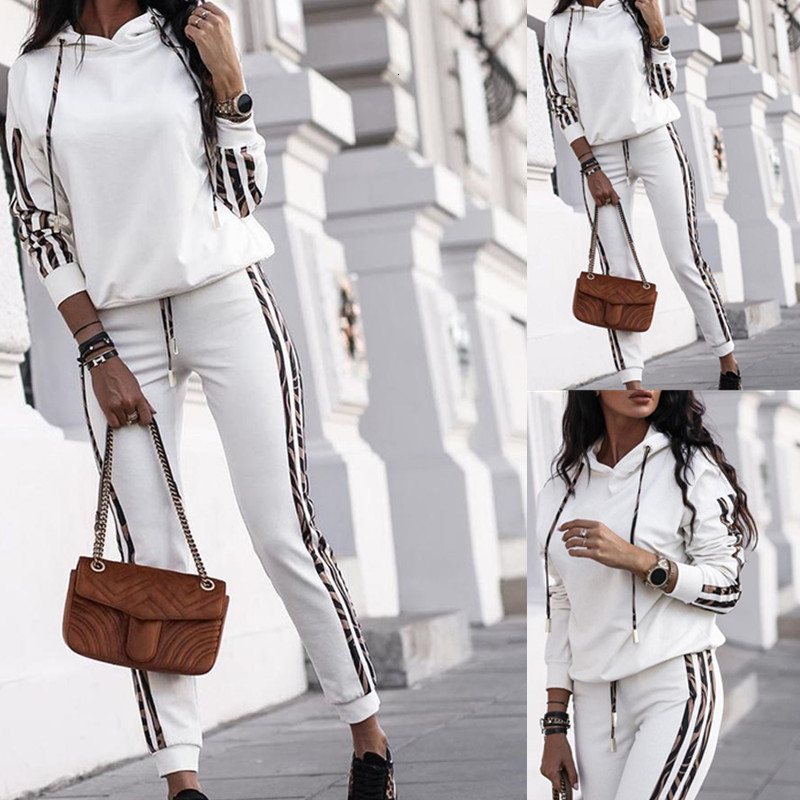 

2021 New Feminino 2 Pea Conjunto De Moda Listrado Drawstring Design Com Capuz Top & Casual Pant Define Roupas Esportivas Femme Homewear Xtyy, White