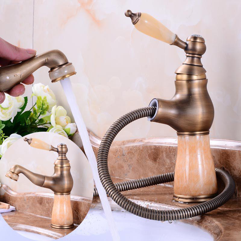 

Bathroom Sink Faucets European-style Natural Jade Faucet,brass Pull Out And Cold Mixet Tap,deck Mounted Gold Basin Faucet