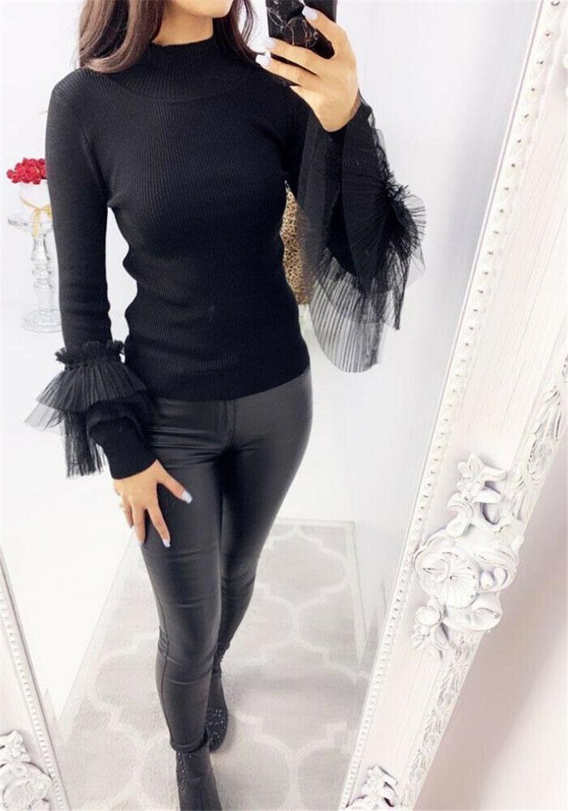 

Women' T-Shirt Womens Long Sleeve Casual Autumn Winter Tops Round Neck Female Mesh Flare Slim Knitted Sweater, Black