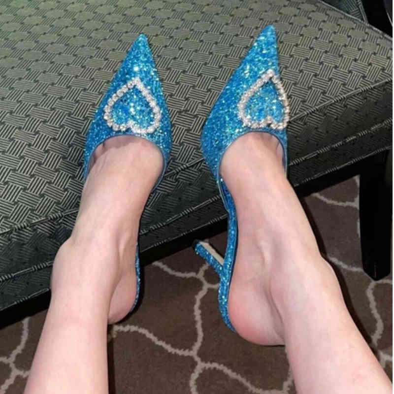 

slippers sapato stiletto bico fino brilhante com coraÃ§Ã£o amoroso strass azul, salto feminino, chinelos de verÃ£o iygq, Black