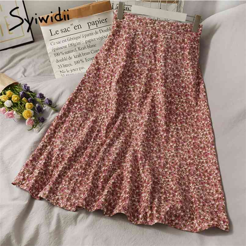 

Vintage Floral Print Elastic High Waist Skirt Women Mid-Calf Back Casual A-Line Spring Korean Fashion Skirts 210607