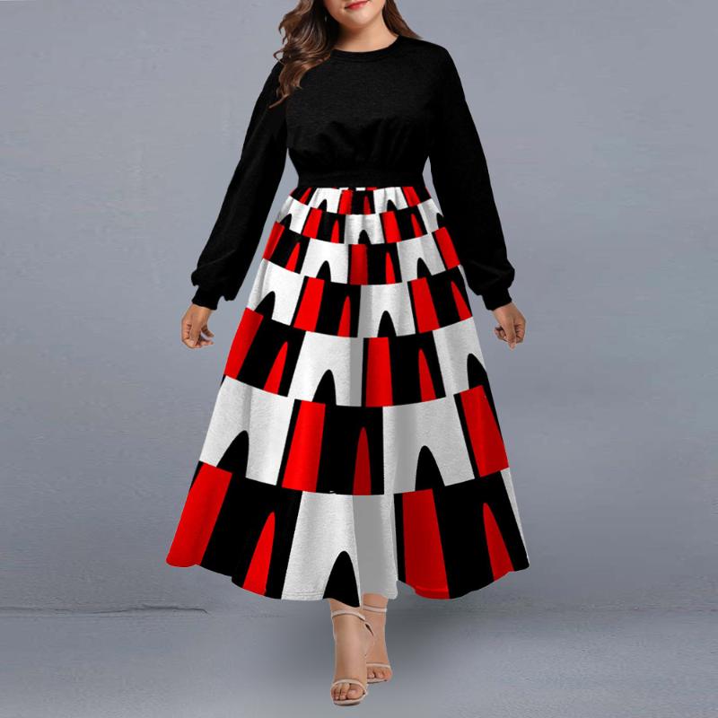 

Plus Size Dresses Dress Women Christmas Party 2021 Autumn Winter Geometric Print Elegant Black Long Sleeve Outfits 4XL 5XL, As pic