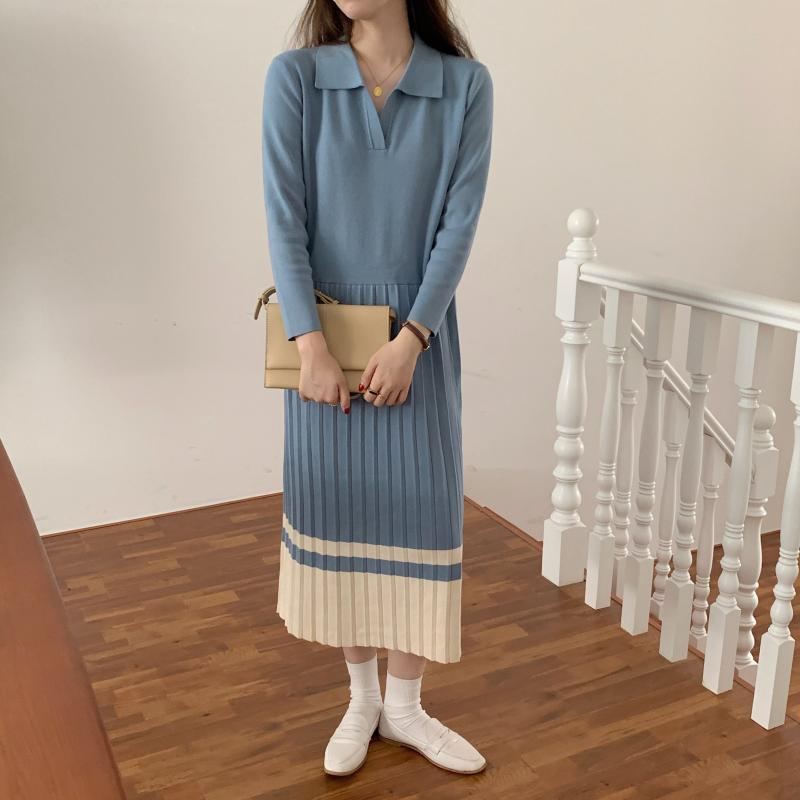 

2021 New autumn all-match sweet lapel dress Korean style slim knit fashion contrast pleated long skirt 4R6Z, Black