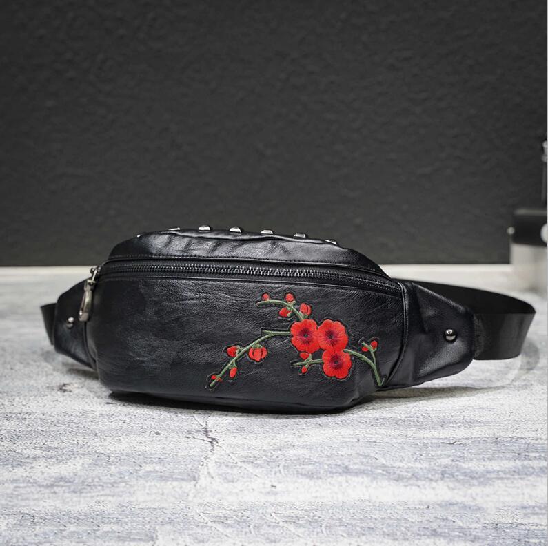 

men handbag embroidereds shoulder bag street fashion flowers embroidered mens and women Messenger bags large outdoor leisure leather handbags, Black