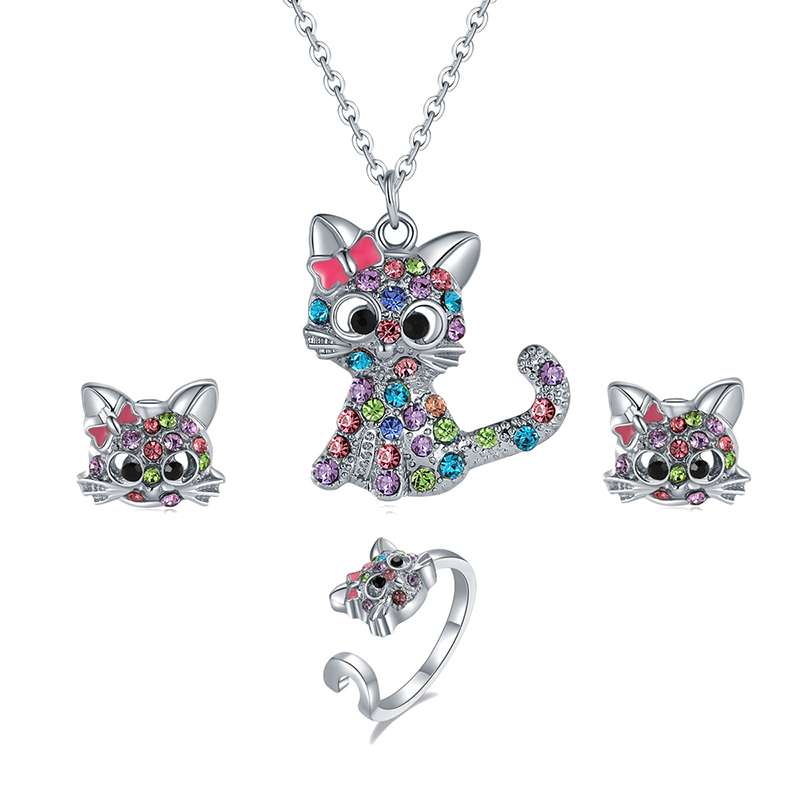 

Cute Cartoon Cat Necklace Earrings Ring Set Spot Color Kitten Childrens Animal Jewelry Sets, Silver
