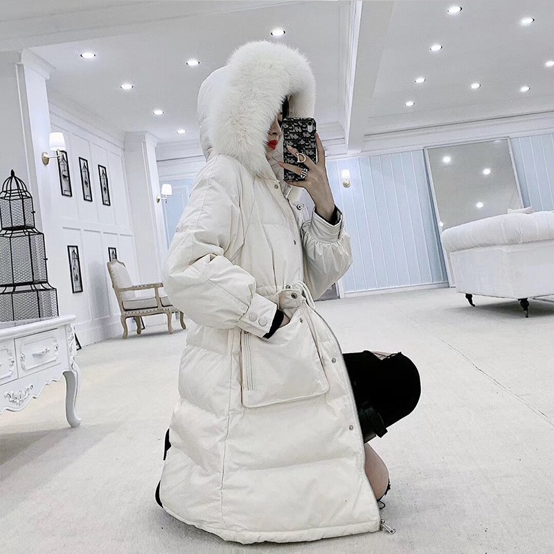 

2021 New Winter Women 90% White Duck Coat Natural Fox Fur Collar Loose Warm Thick Long Down Parkas Snow Hooded Outwear, Black