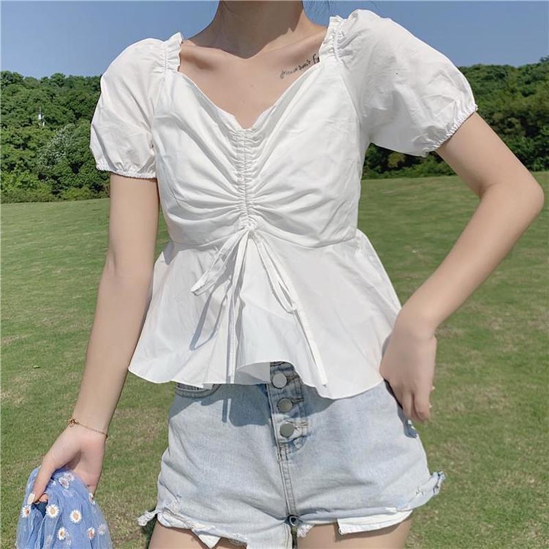 

2021 New Summer Kawaii Drawstring Waist Sleeve Top Casual Japan Style Elegant Korean Chiffon Blouse Women 6vri, White