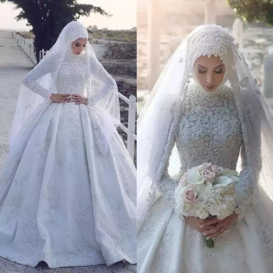 

Arabic Muslim Satin Wedding Dresses Bridal Gowns High Neck Lace Appliqued Long Sleeves Ball Gown Custom Made, Gold