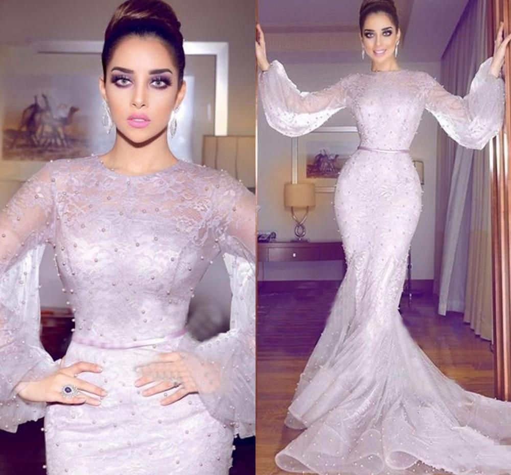 

2021 New Newest Arabic Mermaid Formal Evening Long Sleeve Full Lace Pearls Gowns Plus Size Prom Es G247