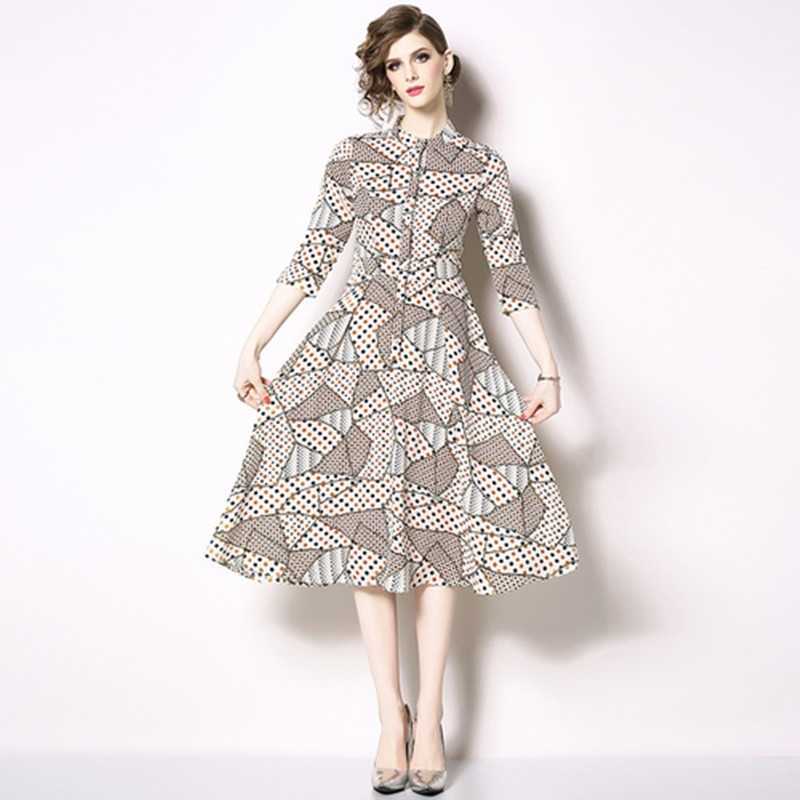 

High Quality Plus Size S-3XL Elegant Summer Arrival Stand Collar Dots Three-quarter Sleeve Woman Chiffon Long Dress 210525, Picture color