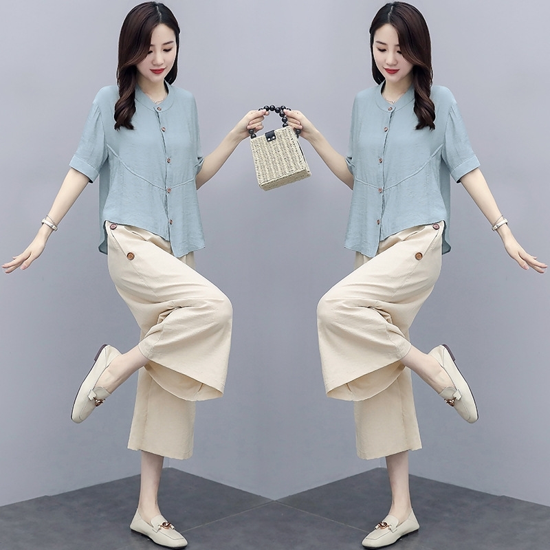 

High Quality Cotton Linen Pant Sets Women Tracksuit Pullovers Elastic Waist Knee-length Pants Two Piece Suit Casual Streetwear 210603, Blue