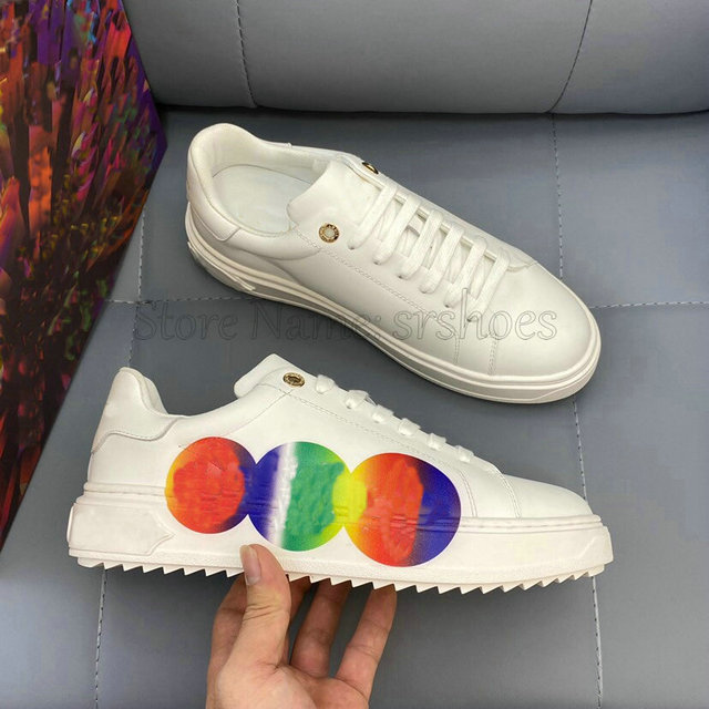 

TIME OUT Sneakers Luxurys Designers Mens Shoes 3D Decorative Pattern Colorful Printed White Calf Leather Sneaker Flats Platform Trainers Casual shoe, Customize
