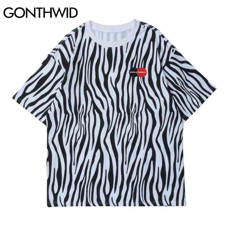 

T-Shirts Hip Hop Streetwear Harajuku Summer Men Zebra Striped Short Sleeve Tees Cotton Casual Fashion Loose Tshirt Tops 210602, White