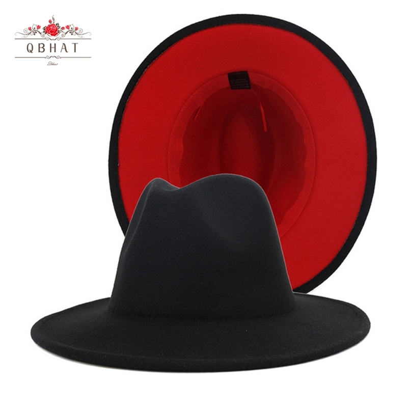 

QBHAT Mens Women Black Red Patchwork Wool Felt Floppy Jazz Fedora Hats Fashion Party Formal Hat Wide Brim Panama Trilby Cap 210709, Black with red