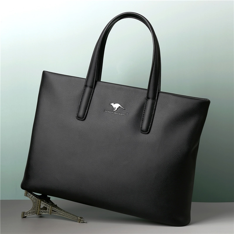 

Hongyan kangaroo hand leisure business men's horizontal style trend soft leather bag simple, Black