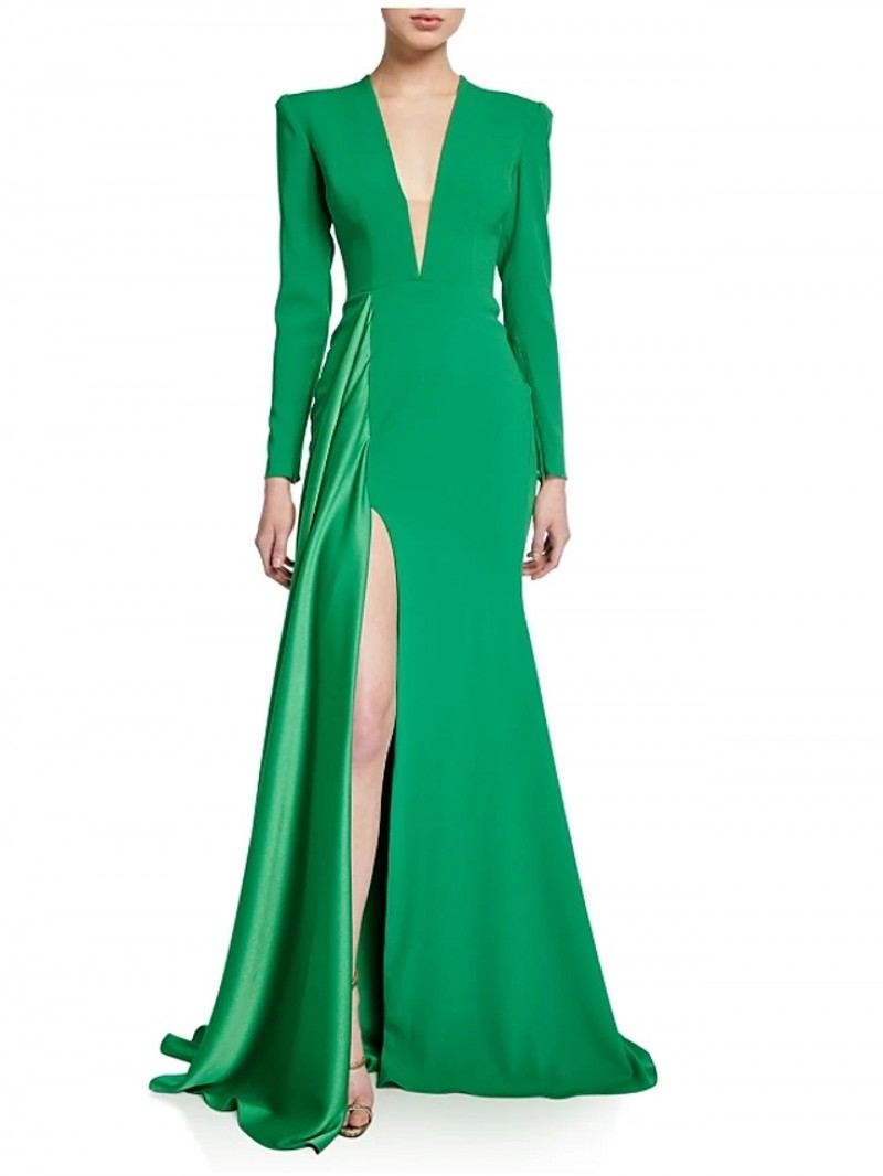 

Elegant Green Mermaid Arabic Dubai Evening Formal Dress 2021 V Neck Long Sleeve Split Prom Party Gown Vestidos De Noiva, Black