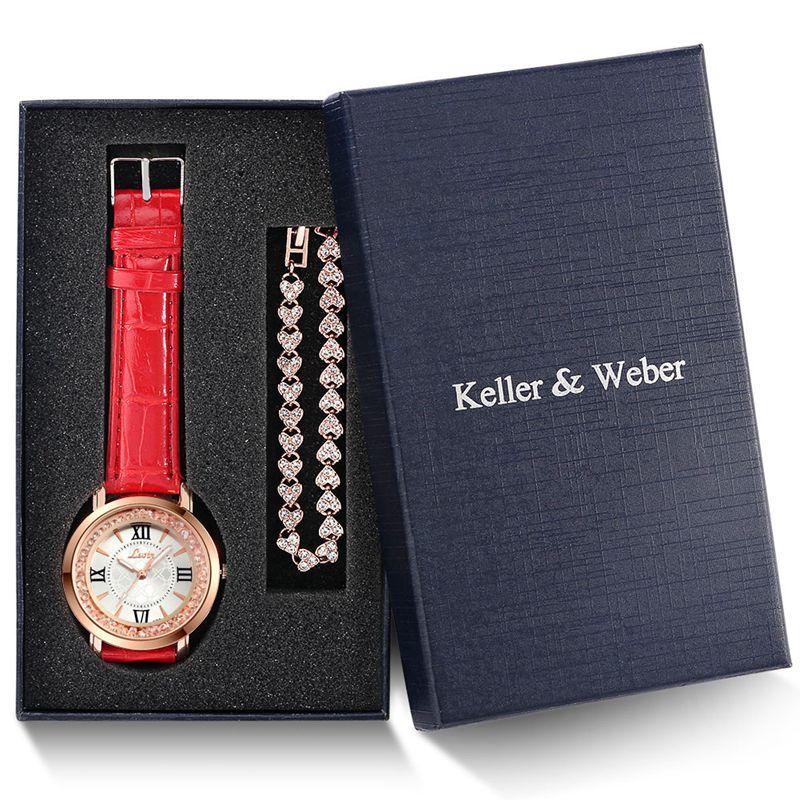 

Wristwatches Keller & Weber Simple Women'S Red Mobile Rhinestone Quartz Pocket Watch Comfortable Thin Chain Bracelet Matching Box