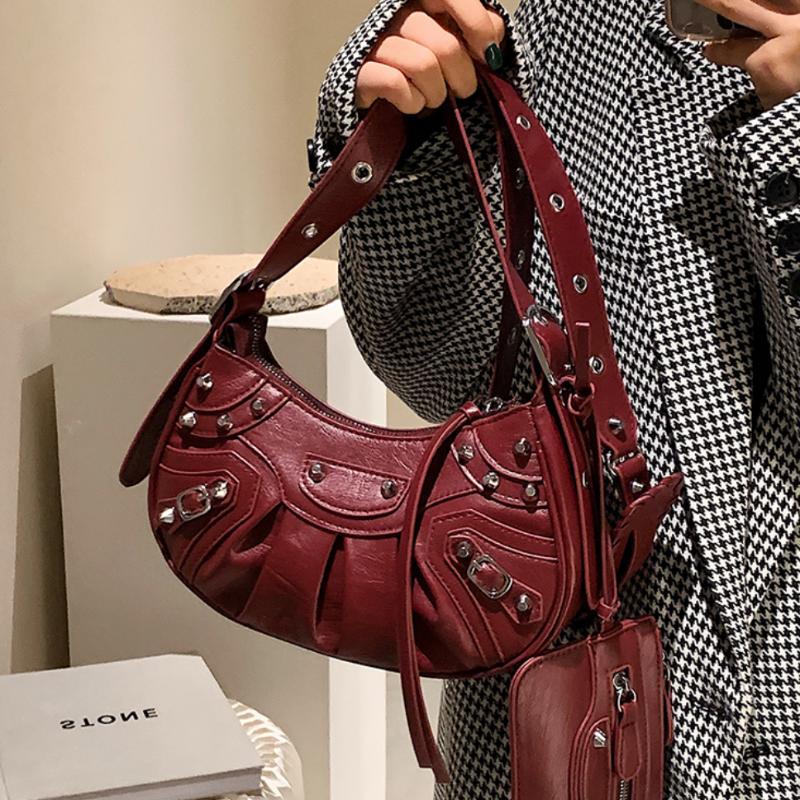 

Evening Bags 2 Bag Half Moon Armpit 2021 Winter High-quality PU Leather Women's Designer Handbag Vintage Rivet Shoulder Messenger