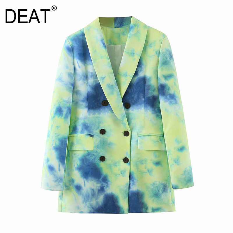 

[DEAT] Women Tie-dye Hit Color Leisure Blazer Lapel Long Sleeve Loose Fit Jacket Fashion Spring Autumn 13T198 210527, Green