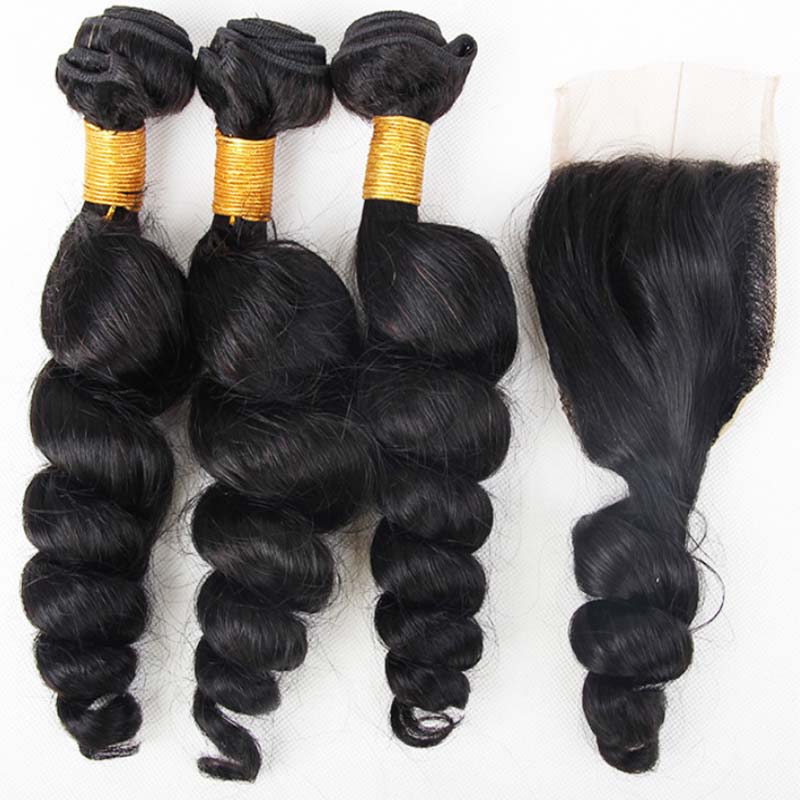 

12A unprocessed cuticle aligned loose wave raw indian hair bundles and closure at wholesale price for black women, Natural color