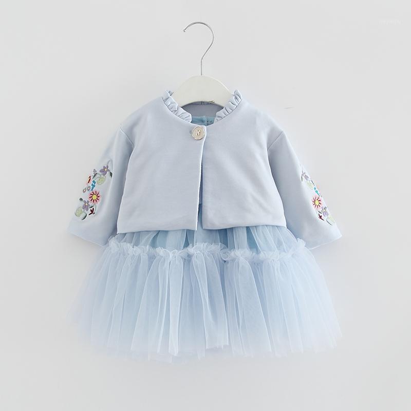 

Clothing Sets Kids Clothes Autumn Children Long Sleeve Flowers Embroidery Coat+Ball Gown Dress 2PCS/Suits Girls Fall 0-2Y, White