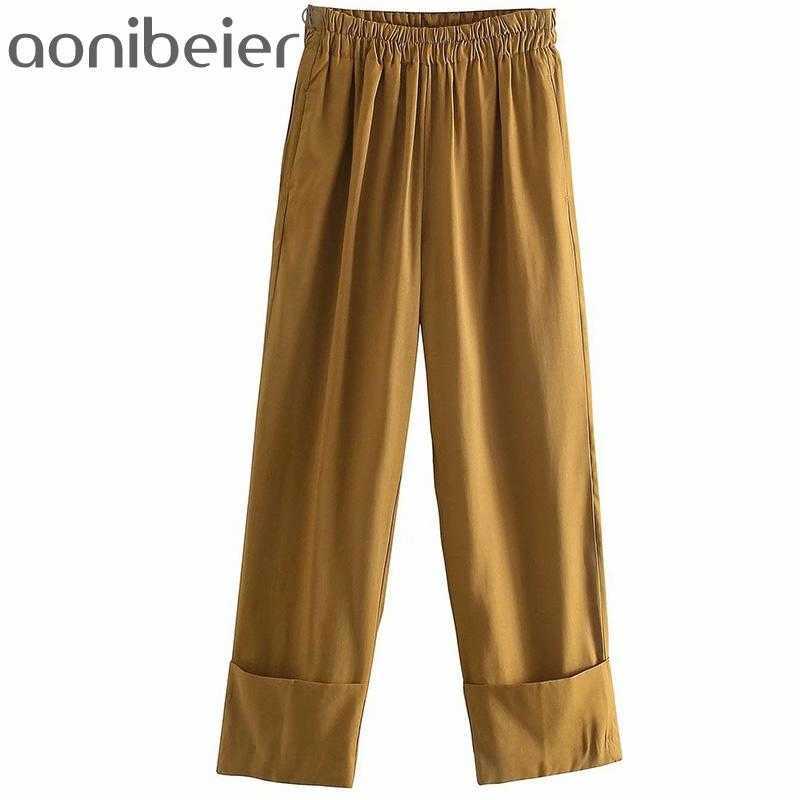 

Spring Summer Women Long Pants Elastic High Waist Roll-Up Hem Casual Straight Female Trousers Bottoms Suit 210604