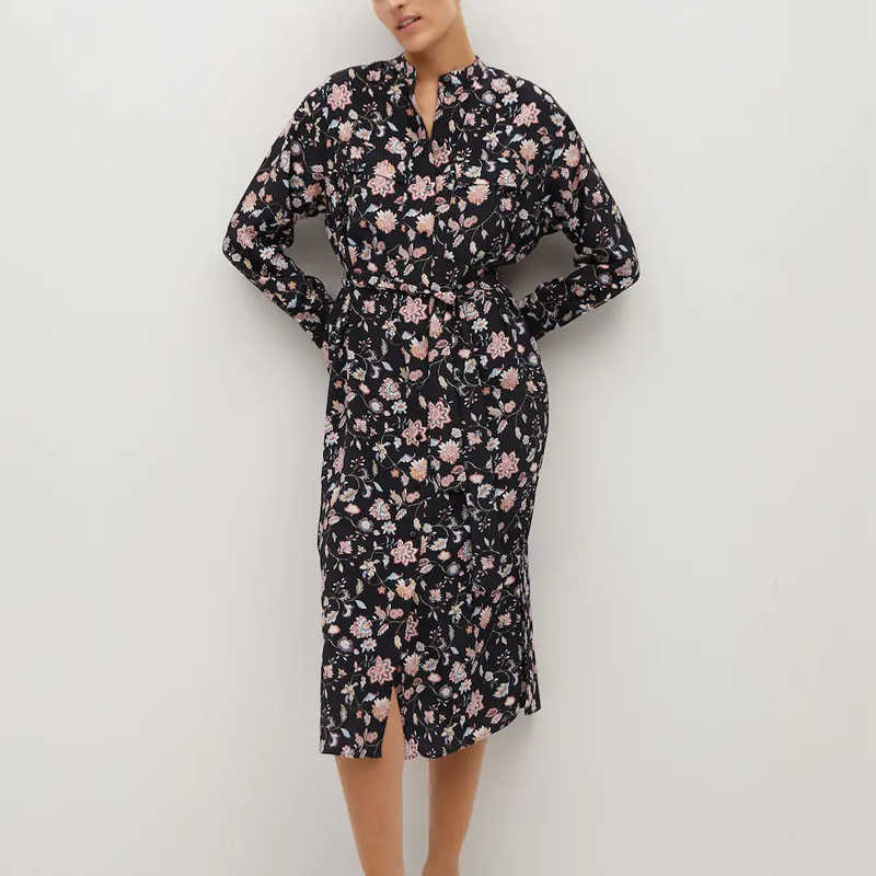 

Za Floral Print Shirt Dress Women Long Sleeve Bow Belt Midi Dresses Woman Chic Front Button Autumn Elegant Flower Vestidos 210602, As picture