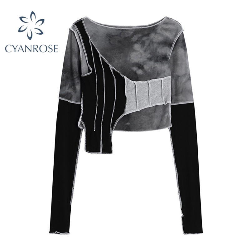 

Irregular Patchwork Crop Bodycon T Shirt Women Long Sleeve Streetwear Chic Tees O Neck Ins Ulzzang Casual Loose Tops 210708, Picture color