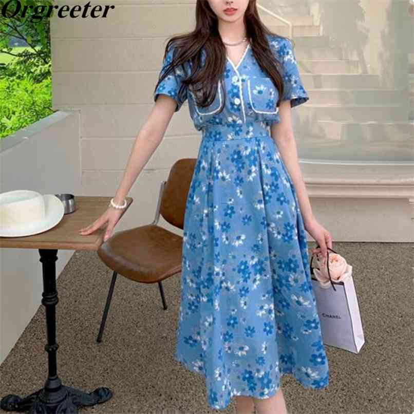 

Summer Thin Soft Denim Ensembles Femme Retro Oil Painting Flower Jacket + High waist Long Skirt Two piece set Female 210602, Blue