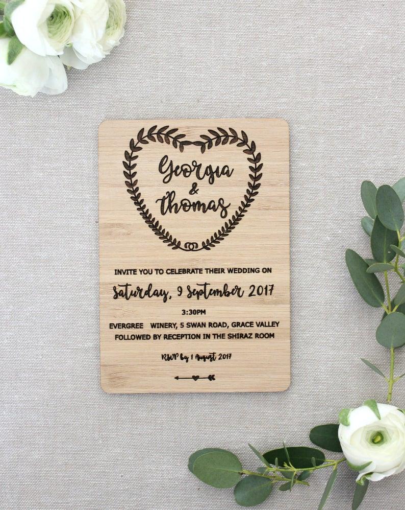 

Greeting Cards Wooden Wedding Invite, Timber Laser Cut Eco Invitation