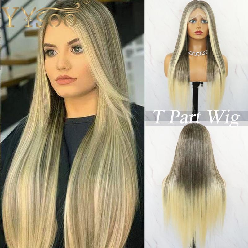 

Synthetic Wigs YYsoo Blonde Balayage Silky Straight Hair T Part Wig For Women Long Japan Futura13x6x2 Lace Front Natural Hairline