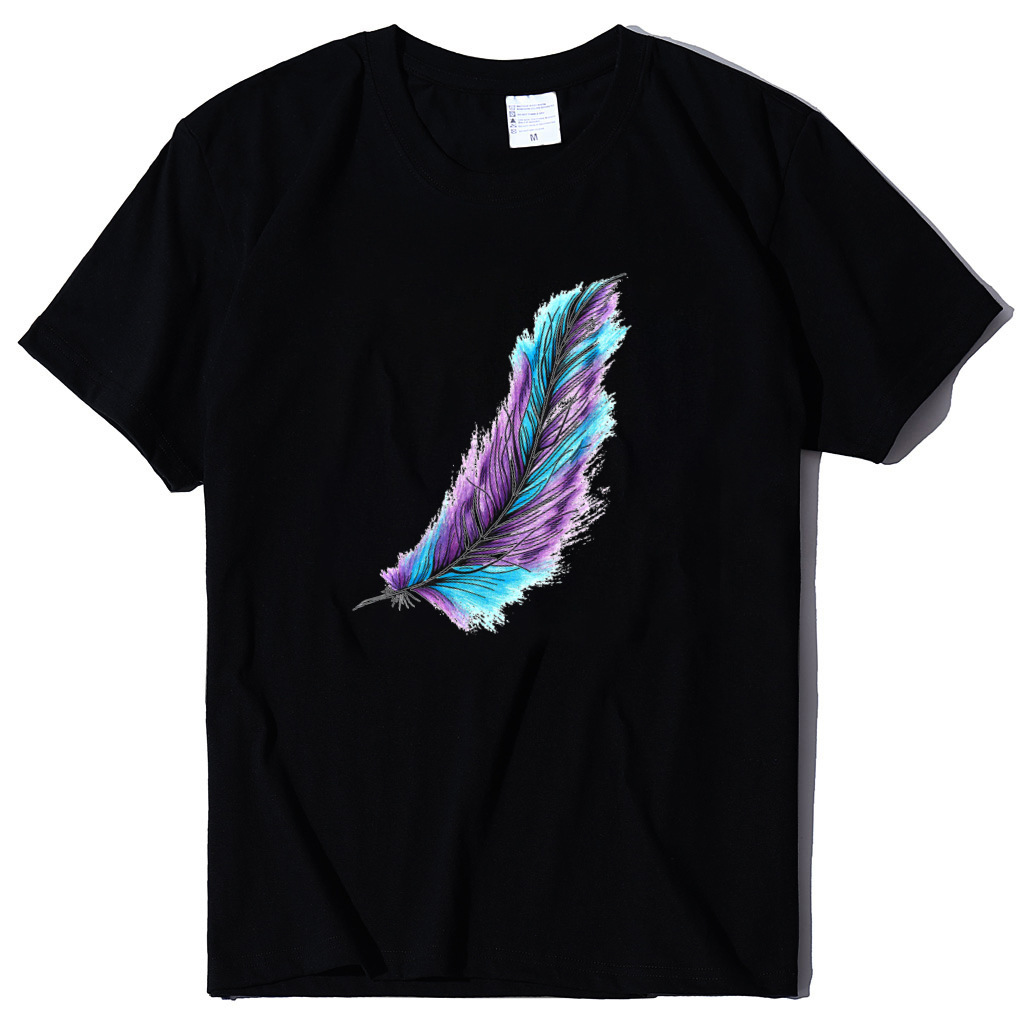 

colorful feather print casual trendy women's t-shirt short sve, White