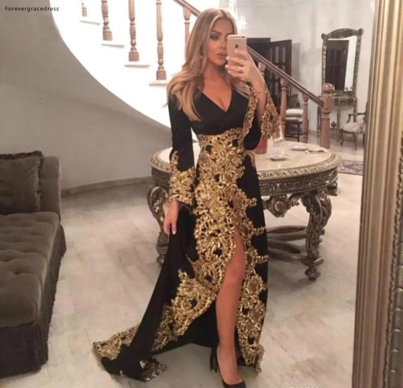 

2021 New Black v Neck Long Sleeves Evening Es Gold Appliques Holiday Wear Formal Party Prom Gowns Plus Size Smx1