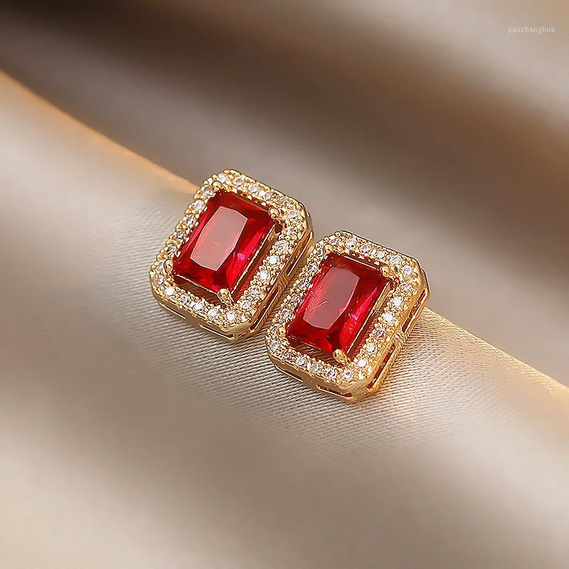

Stud Origin Summer Elegant Red Green Color Crystal Earrings For Women Rectangle Geometric Small Vintage Jewelry Gifts, Golden;silver