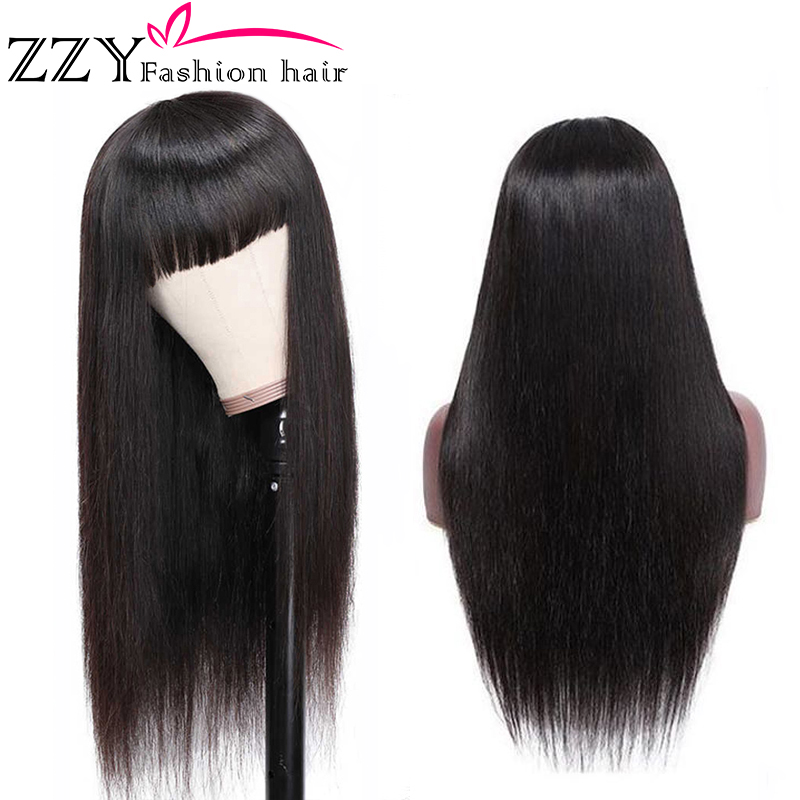 

Brazilian Straight Human Hair Wigs with Bangs Full Machine Made Human Hair Wigs Glueless Wigs for Women Remy Baby Hair Pre Plucked seamless natural, Natural color