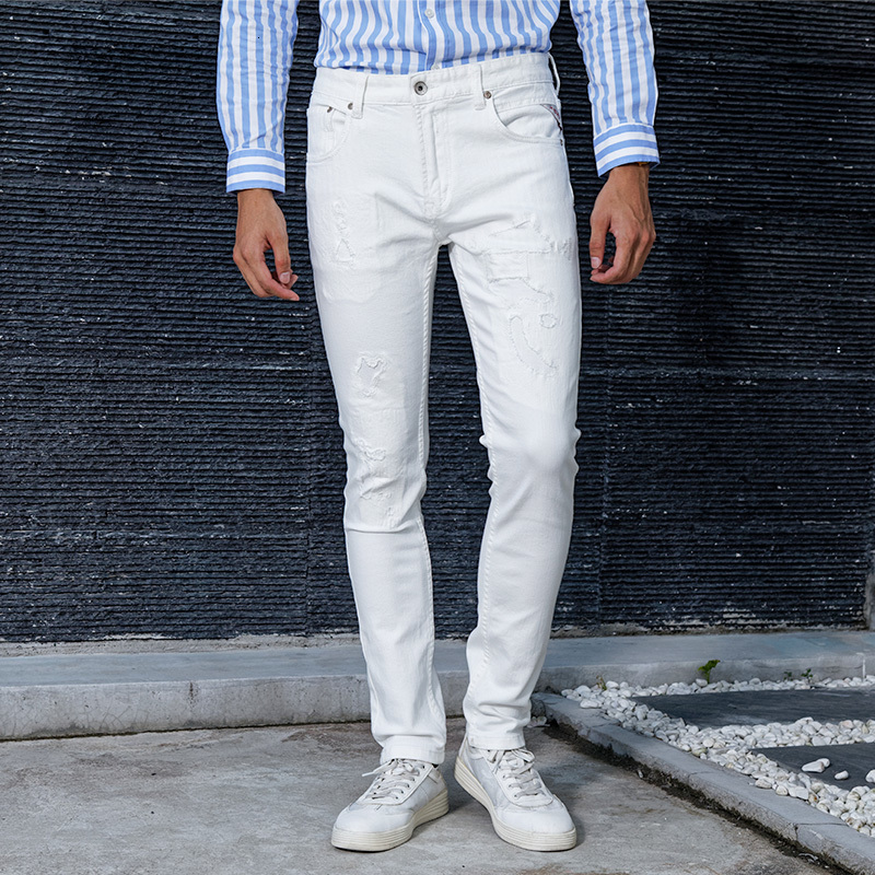 

2021 New Fashion Streetwear Men White Color Elastic Slim Fit Ripped Jeans Korean Style Destroyed Hip Hop Denim Long Pants Hombre D473