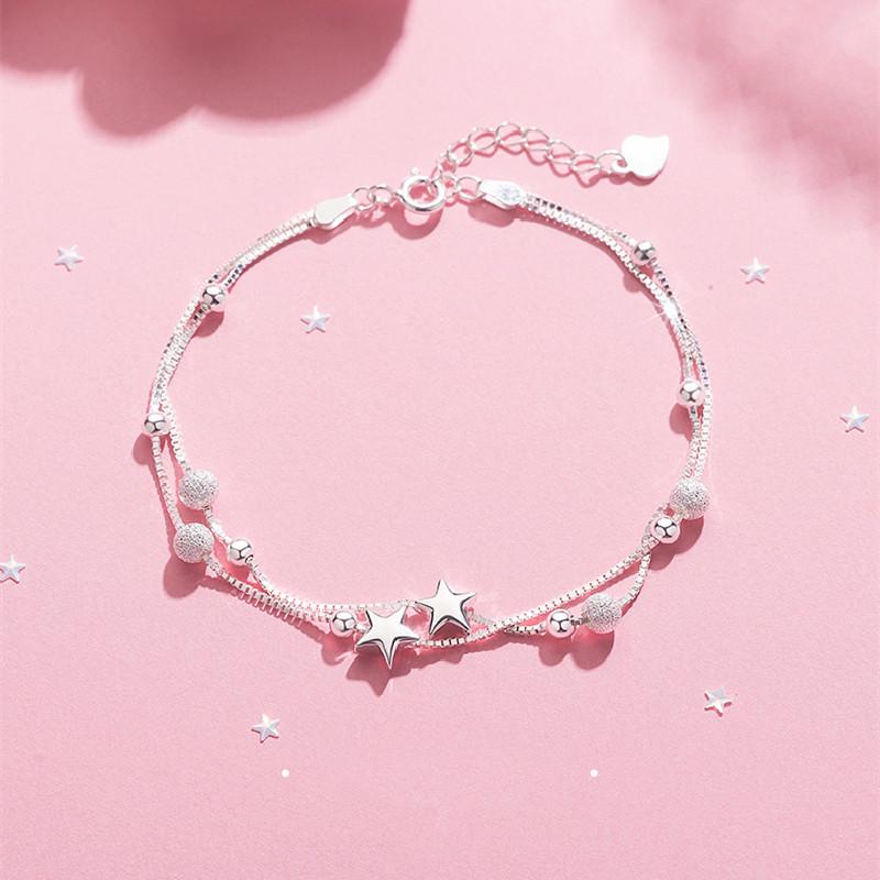 

Link, Chain Double-Layer Star Bracelet Female Student Frosted Round Beads Five-Pointed Wild Net Red Silver-Plated