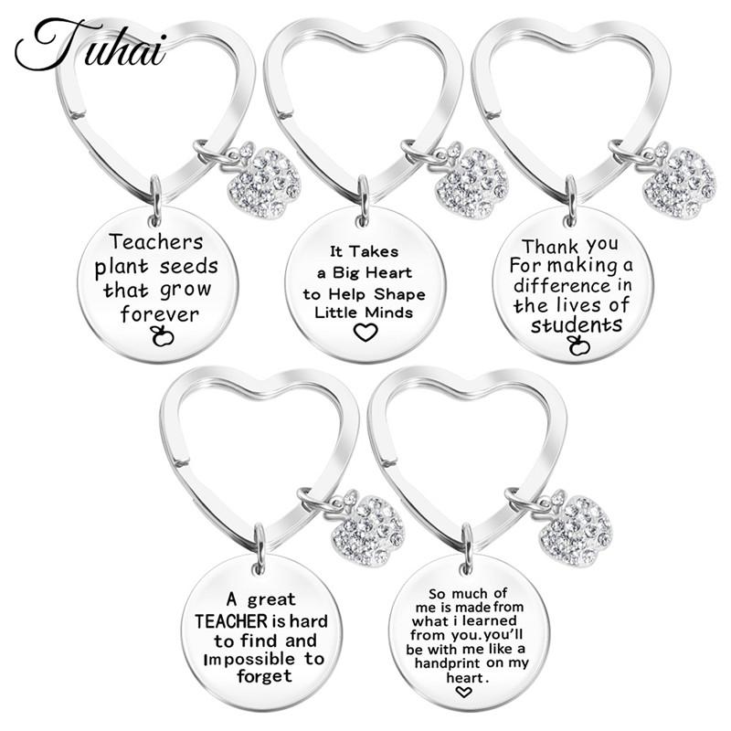 

Keychains 5pcs Mix Various Engraved Thanks Sentence Floating Plates Heart KeyChain For Teacher Gifts Stainless Steel Keyring