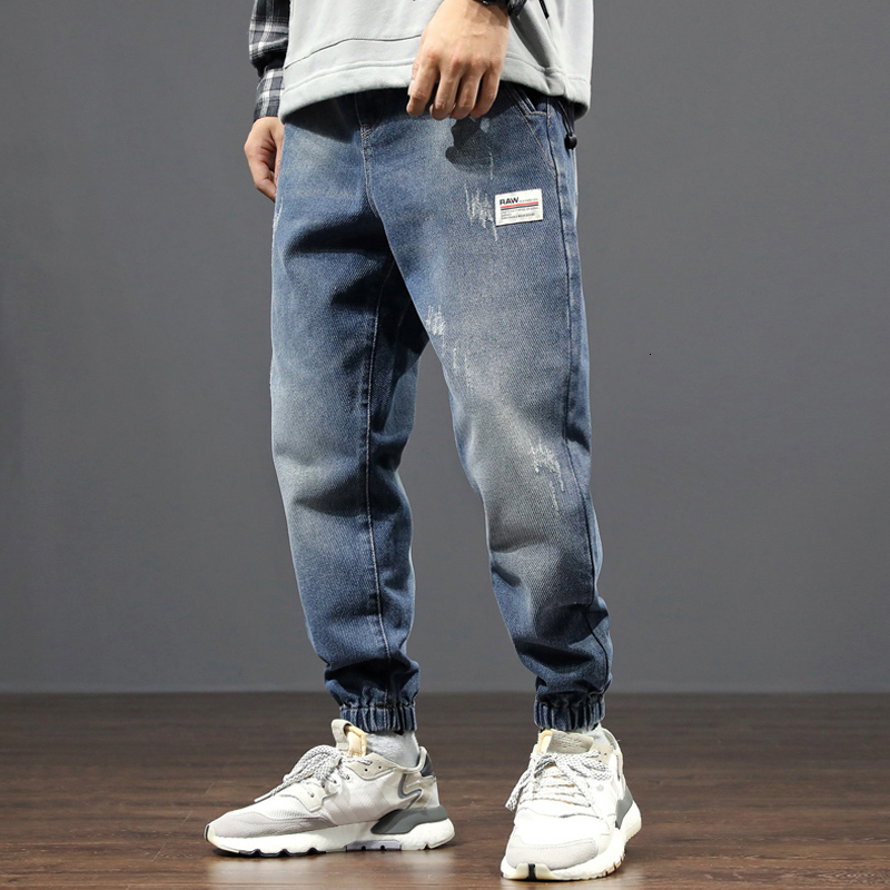 

2021 New Japanese Vintage Fashion Loose Fit Retro Blue Denim Cargo Pants Harem Trousers Streetwear Hip Hop Jeans Men Joggers Duka