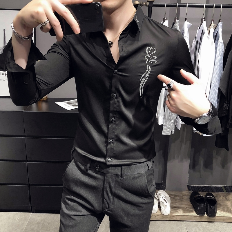 

New Estilo Britnico Magro Ajuste Camisas Bordados Para Roupas Masculinas 2021 Moda Streetwear Manga Longa Casual Vestido Blusa Homme Vack, Black