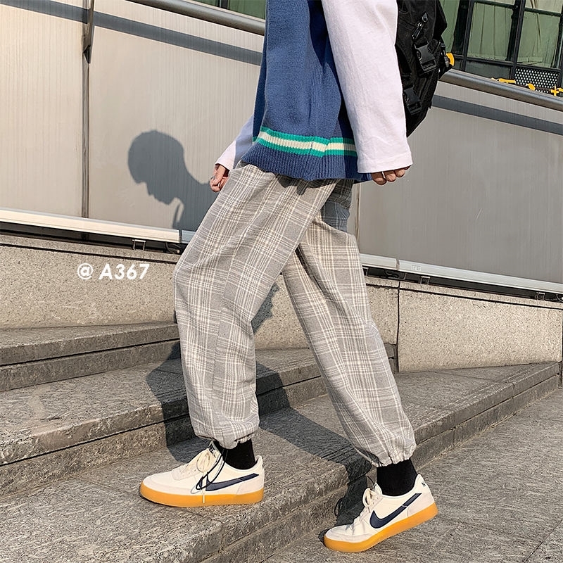 

2021 New Male Loose Cord Casual Plaid Printing Harem Pants Runner Sweatpants Streetwear Blue/gray Size M-2xl O6dt