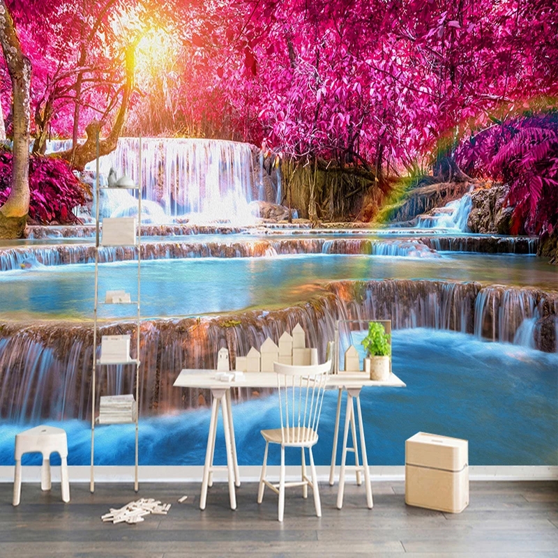 

Custom 3D Wallpaper Beautiful Forest Waterfall Nature Landscape Murals Living Room Bedroom Backdrop Home Decor, Red
