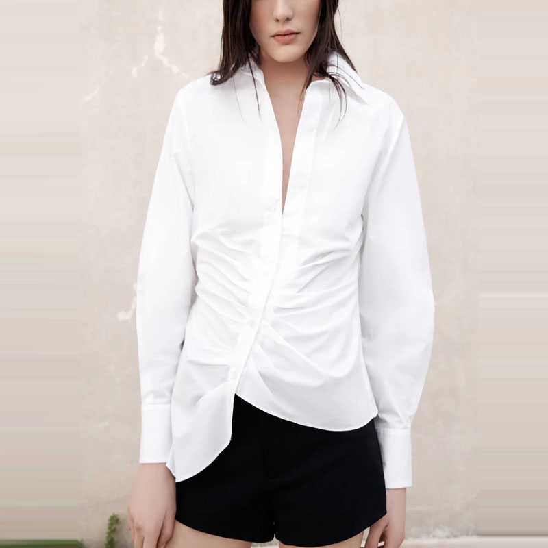 

Za White Draped Poplin Shirt Women Long Sleeve Asymmetric Hem Ruched Top Woman Chic Button Up Vintage Spring Shirts 210602