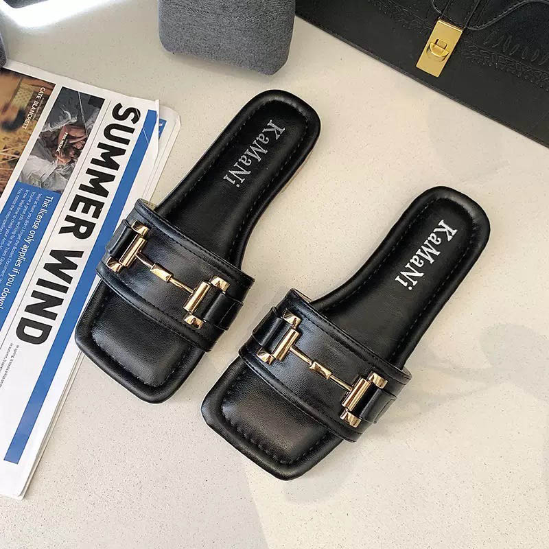 

TX002 Summer Fashion Personality Square Head Women's Sandals Slippers PU Leather + Metal for Outdoor Wearing Flat Bottom Flip Flops 2 pairs, Yellow