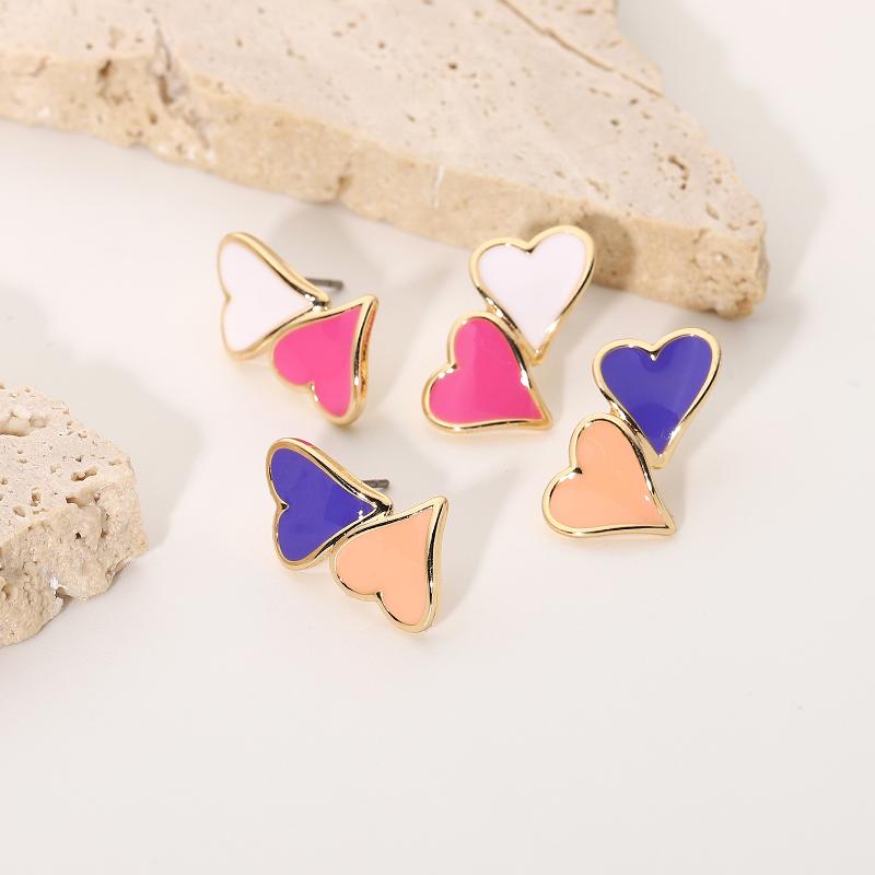 

Hoop & Huggie Cute Mini Double Heart Ear Studs Oil Dripping Gold Plated Earring For Women Jewerly Gift