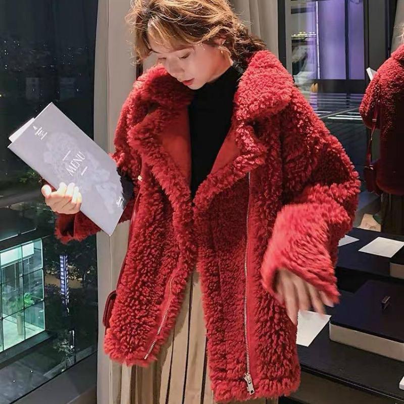 

Women's Fur & Faux Women Lambs Wool Thickened Cardigan Turn Down Collar Furry Bomber Warm Granular Velvet Zipper Jacket Coat Outwear, Red