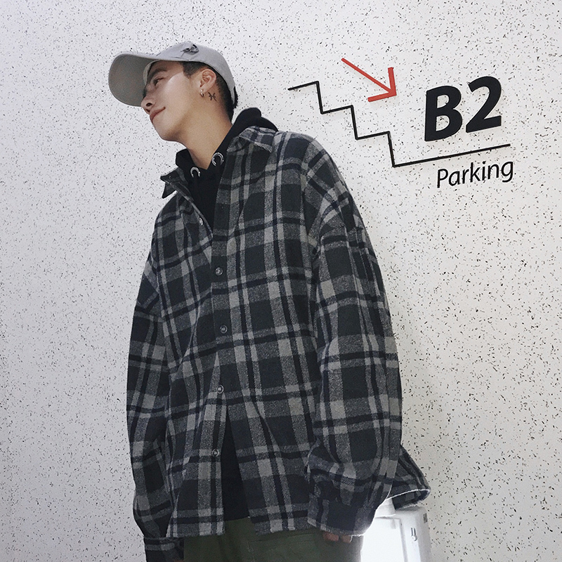 

2021 New Men's Lattice Woolen Material Plaid Printing Casual Coats Clothes Shirt French Cuff Brand Fashion Deep Grey/orange Shirts Kygy