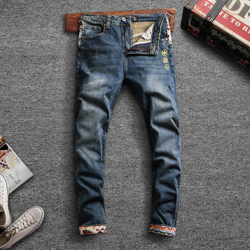

2021 New Fashion Men Jeans High Quality Retro Wash Spliced Designer Ripped Denim Pants Streetwear Hip Hop Trouserspatchwork 7aa5, Retro blue