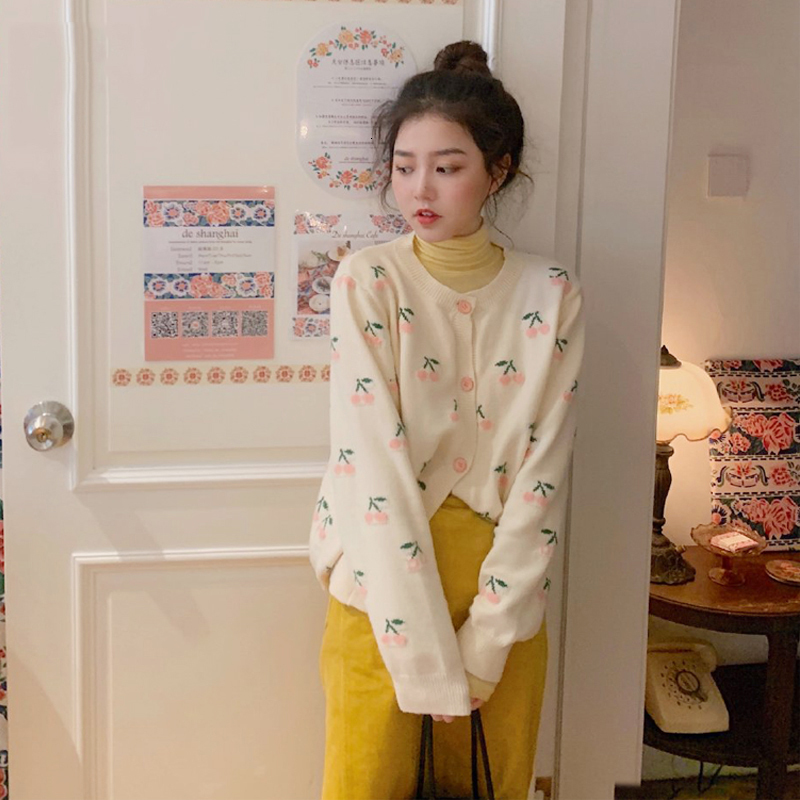 

2021 New Knitted Cherry Embroidery Women Cardigan Turtleneck Long Sleeve Top + Midi Skirt 3 Piece Set Autumn Sweater Coats 1vh0, Beige cardigan