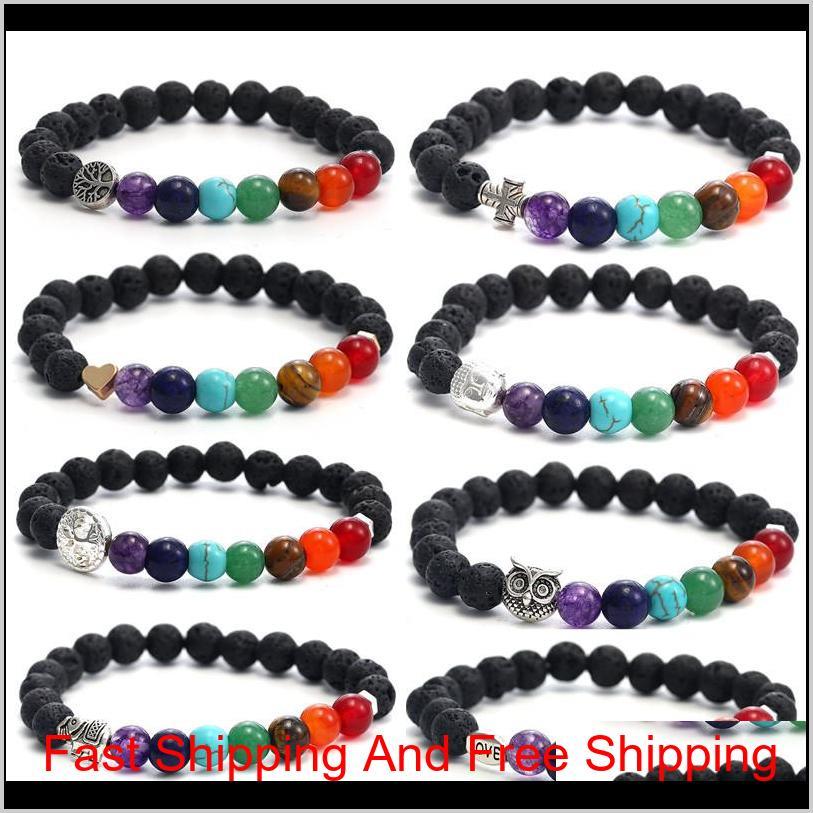 

7 Chakra Bracelet For Men Women 8Mm Black Laca Beads Elephant/Buddha/Life Tree Yoga Healing Essential Oil Diffuser Bracelet-Z 9Qcgb Xjuse